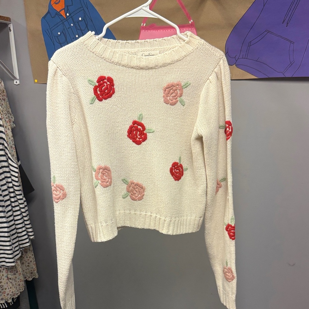 Jessica Simpson Cream Knit Sweater with Red and Blush Floral Embroidery